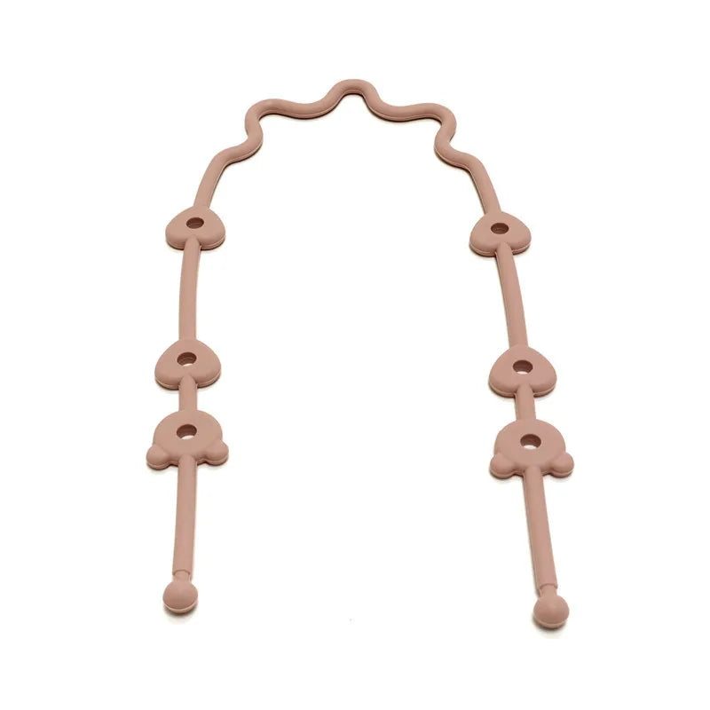 A silicone pacifier clip with an anti-drop chain, shaped like a continuous loop.