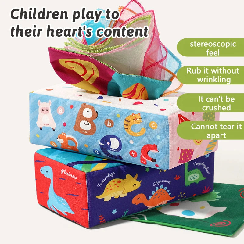 Sensory Tissue Box Toy with Crinkle Paper and Silky Scarves