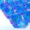 A close-up of several handmade resin D20 dice showing blue and purple liquid swirls.