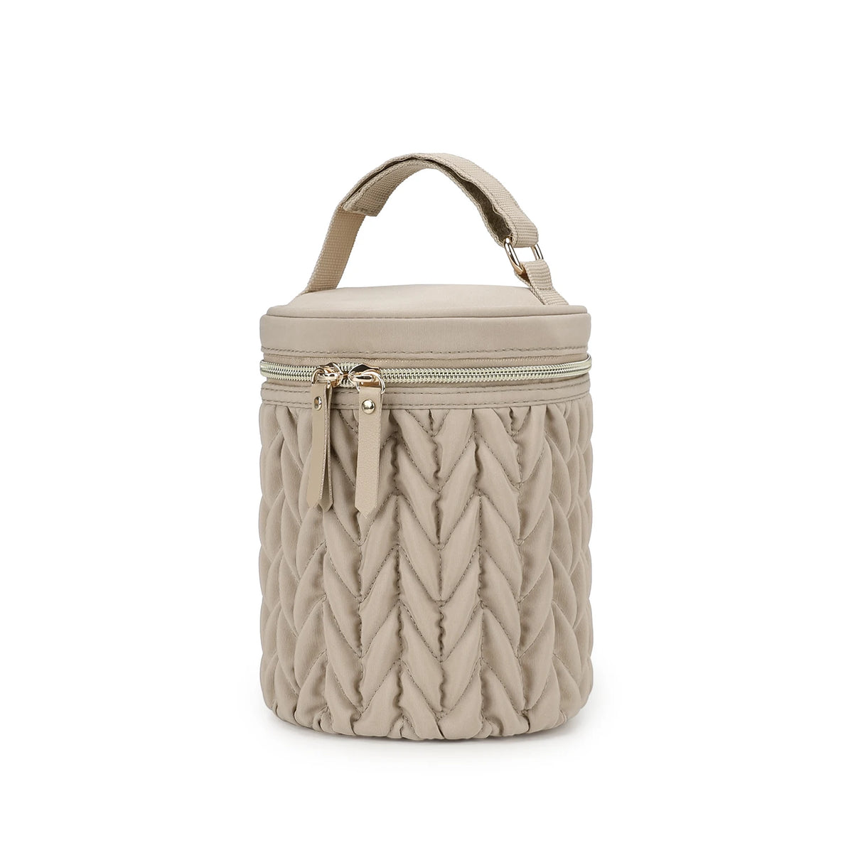 A beige quilted organizer bag with a handle and zipper, designed for baby stroller use.