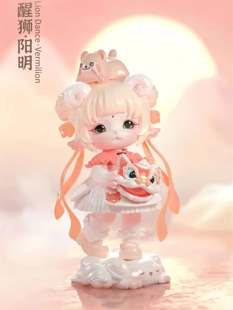 A pink collectible figurine of a girl with cat ears and a fluffy tail, dressed in an orange outfit, standing on a white base.