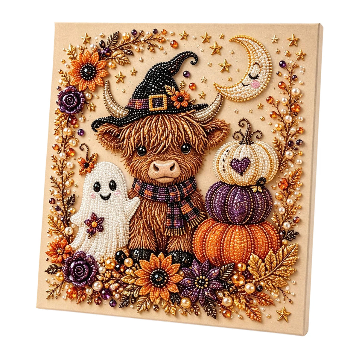 A framed canvas featuring a detailed illustration of a witch, a sheep, and various autumnal floral elements and pearls.