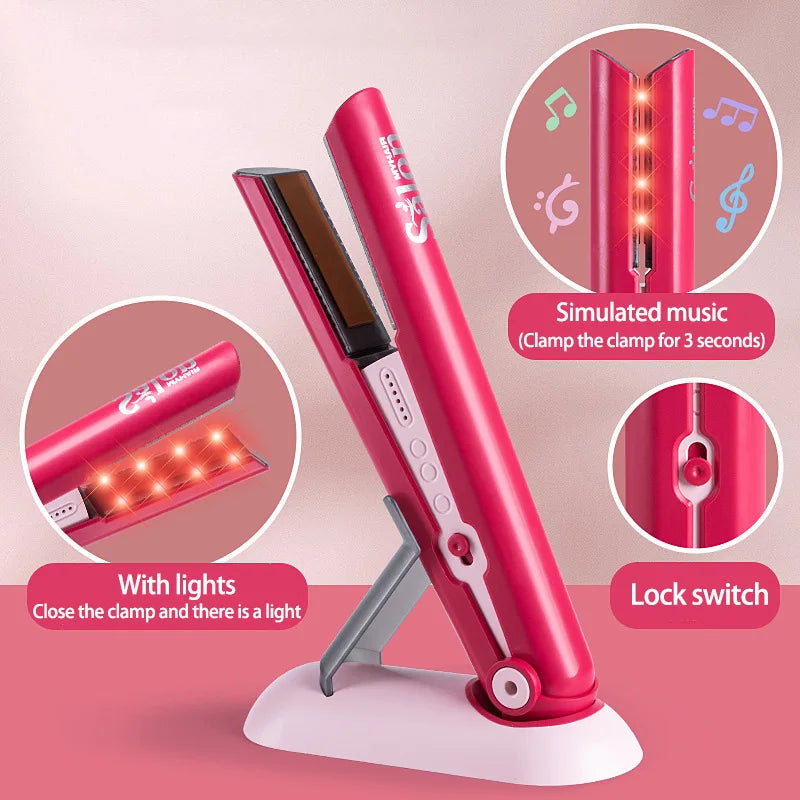 A pink hair stylist beauty salon set with a light feature and lock switch displayed on a stand.