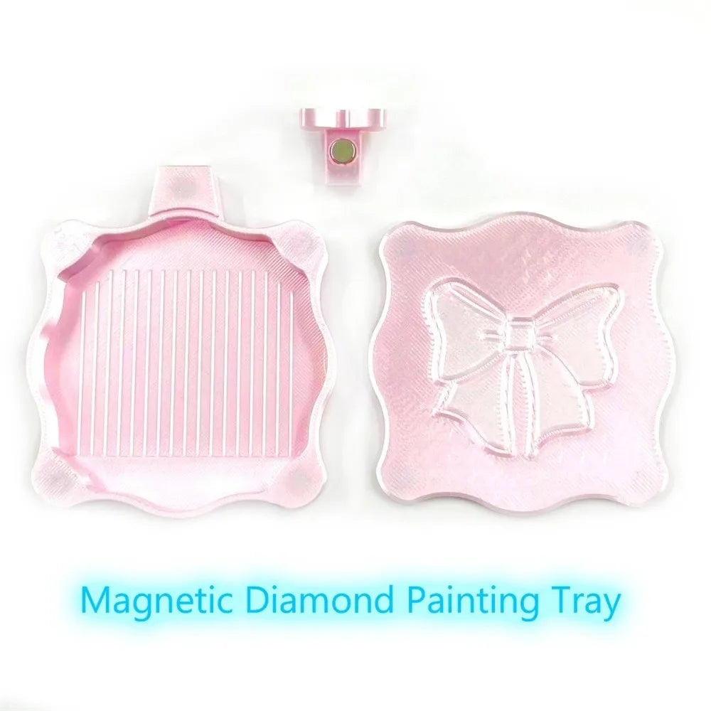 Pink magnetic diamond painting tray with a lid and a bow knot design