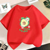 A red t-shirt featuring a graphic design of an avocado and the word avocado.