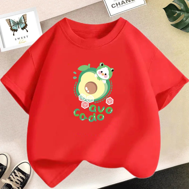 A red t-shirt featuring a graphic design of an avocado and the word avocado.