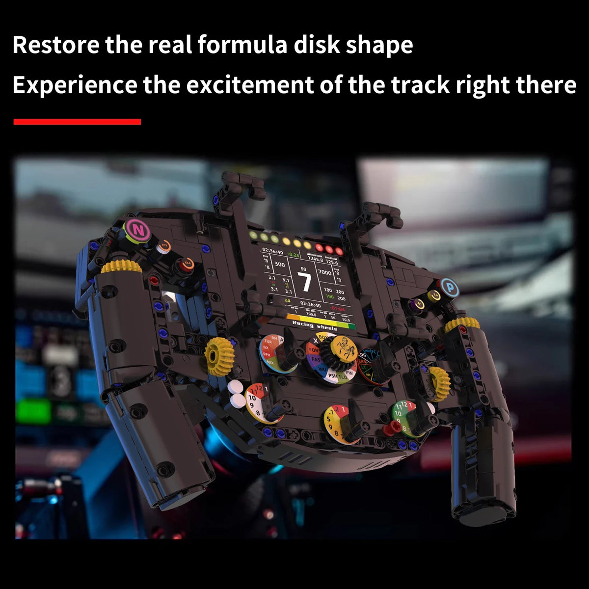 A close-up view of a black racing steering wheel building blocks set with various components and gears.