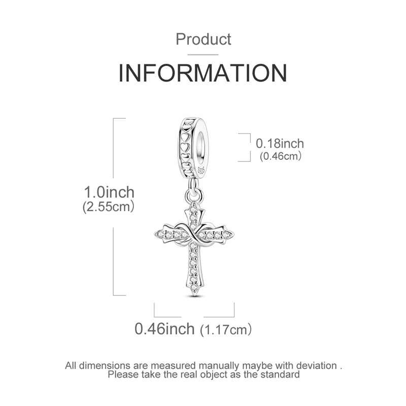A sterling silver cross charm bead shown with various dimensions for DIY jewelry making.