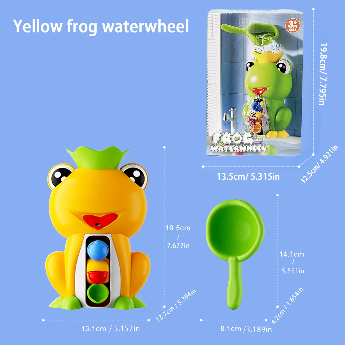A yellow frog waterwheel bath toy featuring a frog figure and a green scoop.