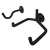 Black metal guitar wall mount hanger with curved arms for hanging guitars.