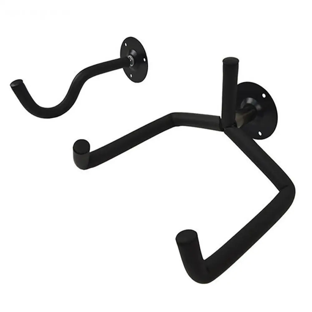 Black metal guitar wall mount hanger with curved arms for hanging guitars.