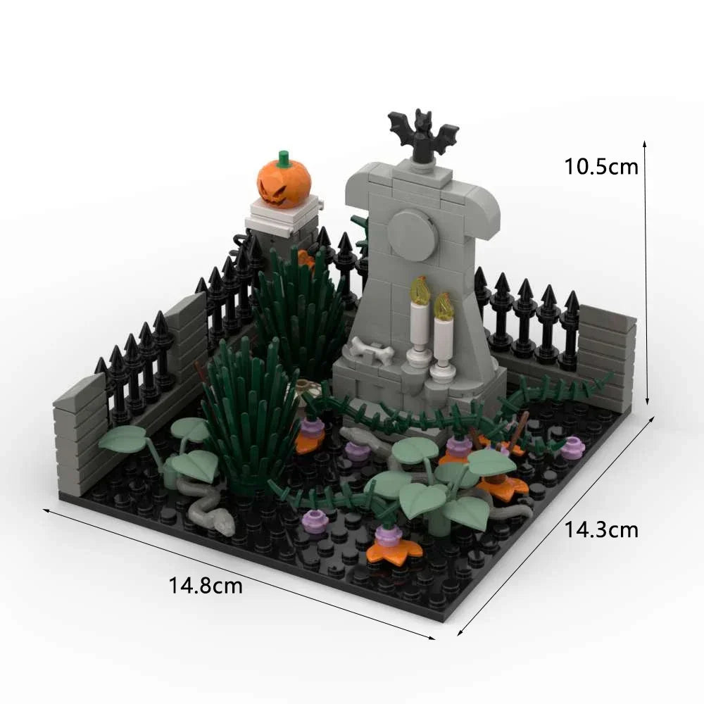 A gray haunted house building block set featuring a stone structure, dark fencing, and green foliage for DIY Halloween decor.