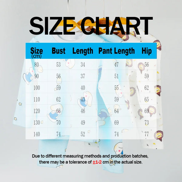 Guide des tailles pour un pyjama à imprimé de coton doux et cartoon pour enfants, montrant les mesures pour différentes taill