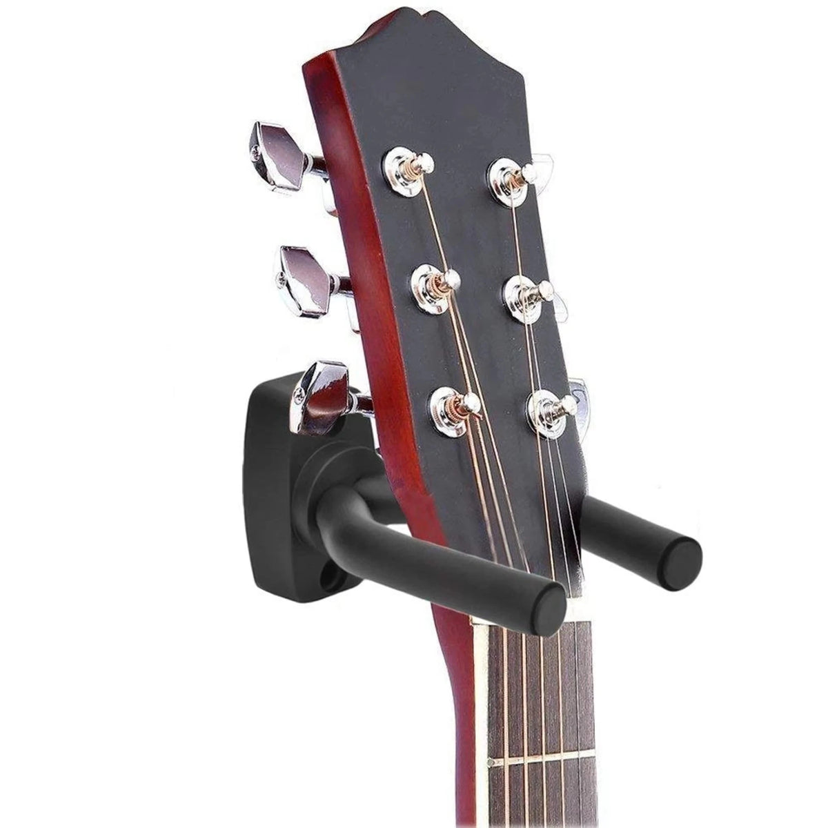 A wall mount guitar hanger with non-slip holder displaying a dark red acoustic guitar neck.