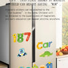 A set of magnetic stickers featuring numbers and letters like 187, seven, car, and 2+11 on a light gray cabinet door.