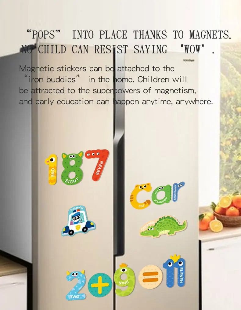 A set of magnetic stickers featuring numbers and letters like 187, seven, car, and 2+11 on a light gray cabinet door.
