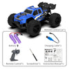 A blue and black off-road remote control car with wheels, battery, controller, screwdriver, and instruction manual.