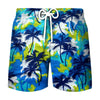 Men's beach swim shorts with a tropical coconut tree print featuring blue, green, and white foliage.