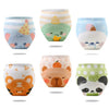 A pack of four reusable cotton potty training pants featuring cute animal faces and pastel colors for toddlers.