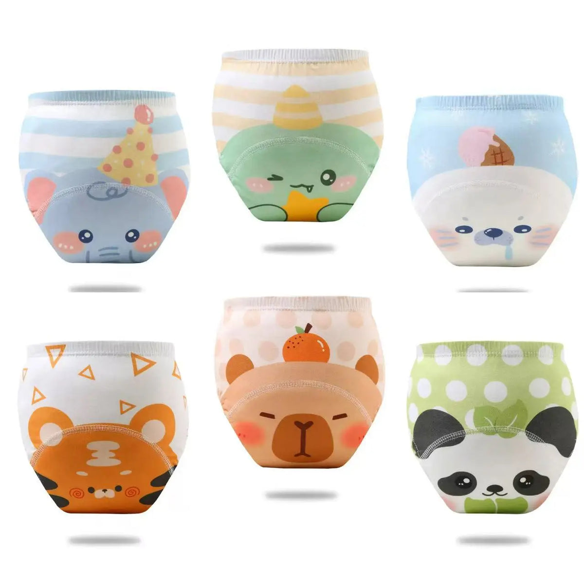 A pack of four reusable cotton potty training pants featuring cute animal faces and pastel colors for toddlers.