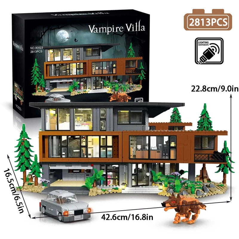 A set of vampire villa building blocks featuring a multi-story house, trees, and an orange fox figure.