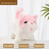 A white and pink plush cat toy is shown with features that allow it to walk, make a simulated sound, and wag its tail.