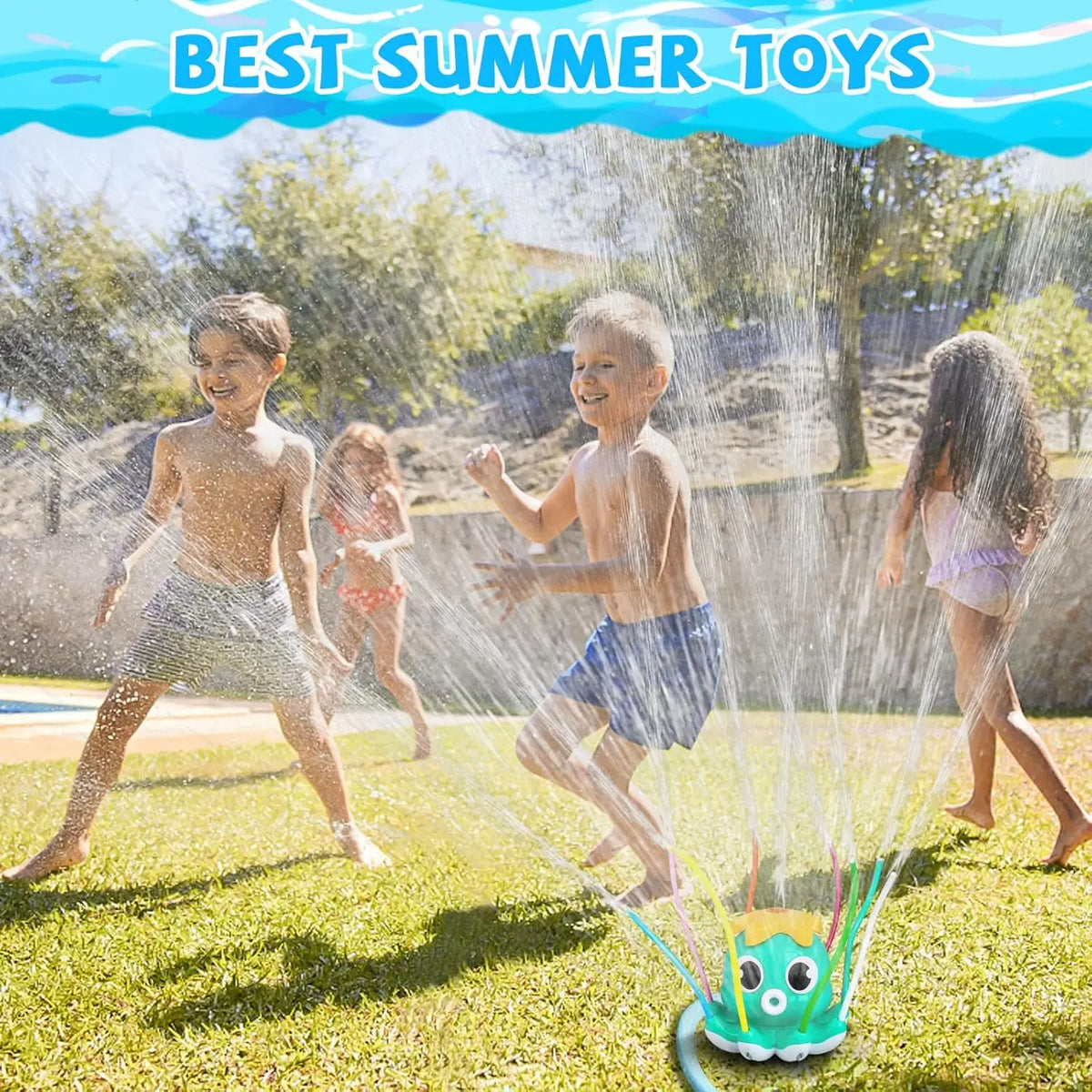 A child is spraying water from an octopus-shaped sprinkler onto the grass during summer play.