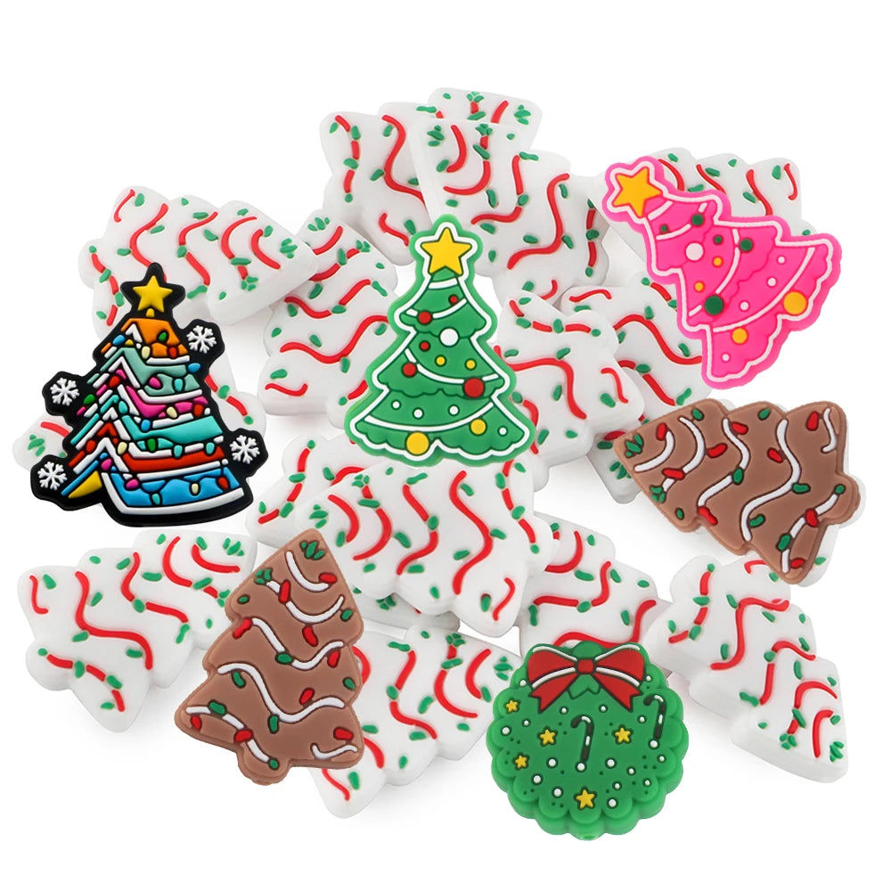 Assortment of pink, green, and white Christmas tree silicone beads for jewelry making