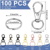 A set of 100 metal swivel snap hooks and key rings in various colors including black, bronze, gold, rose gold, and silver.
