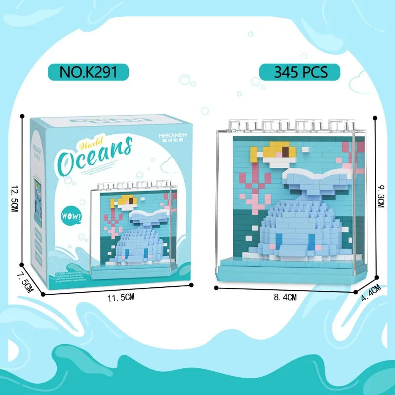 A box of 345 pieces of Ocean Animals building blocks featuring a shark, dolphin, and whale mini models.
