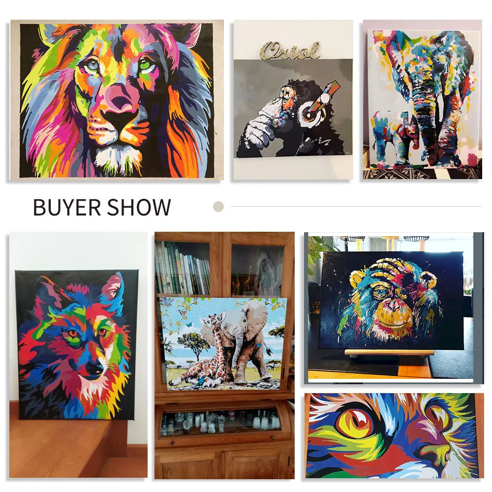 A collection of vibrant oil paintings featuring lions and tigers, displayed alongside a DIY paint by numbers kit.