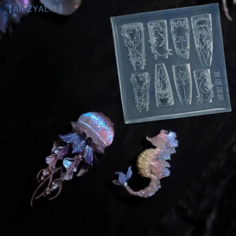A clear silicone nail art mold featuring various sea shell, starfish, and ocean designs.