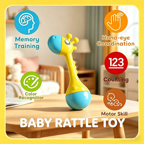 A yellow and blue baby rattle toy with a giraffe head is shown on a wooden table, surrounded by icons for memory training, ha