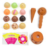 A set of various colored ice cream-shaped pretend play toys including scoops and cones.