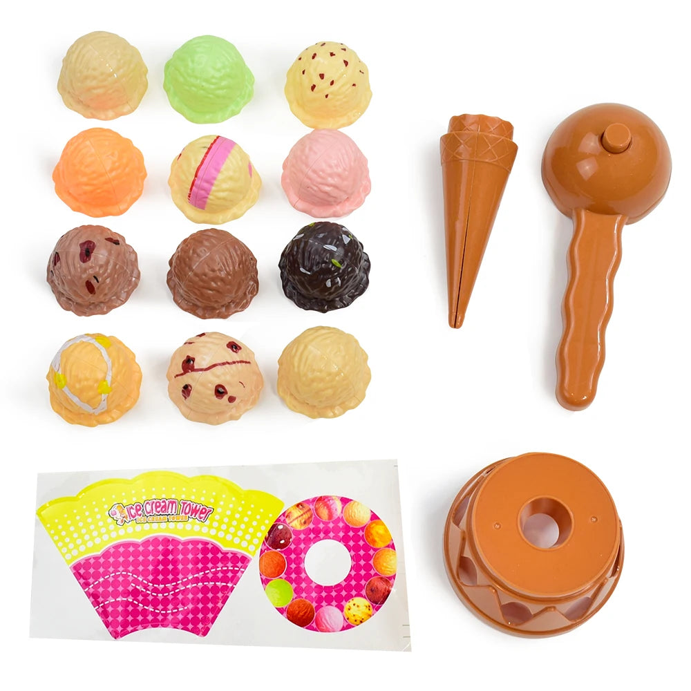 A set of various colored ice cream-shaped pretend play toys including scoops and cones.