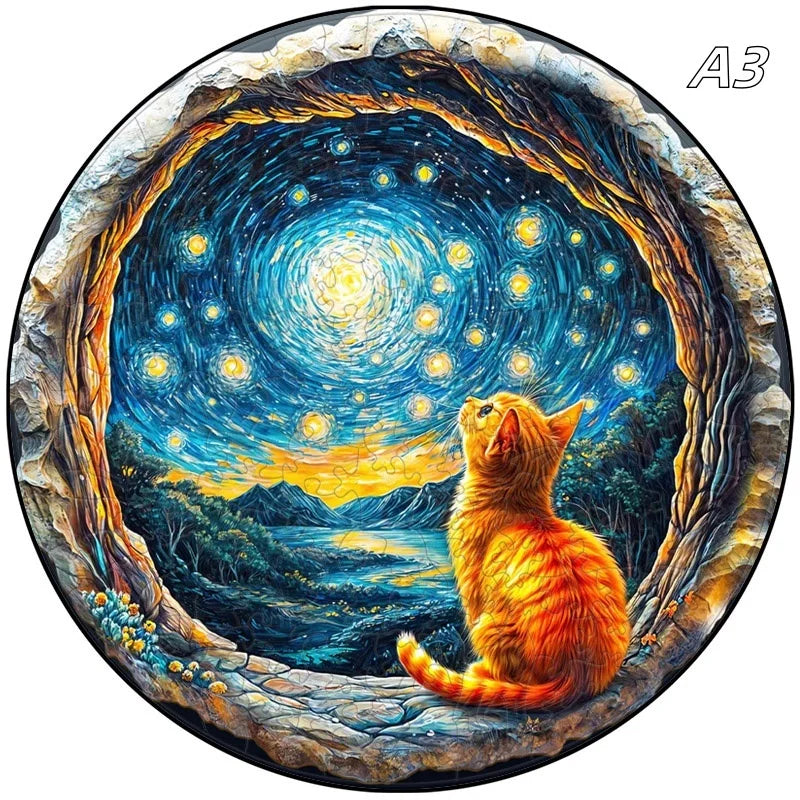 A wooden 3D puzzle of an orange cat peeking out from a starry, arched frame.