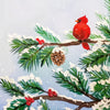 A vibrant red cardinal perched on a branch of pine needles covered in white snow against a pale blue sky.