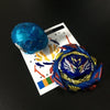A blue magnetic spinning top is shown next to a white card with colored magnetic tops.
