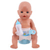 A baby doll with pink skin and blue eyes is shown holding a white feeding bottle.