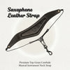 A black leather strap for a saxophone, featuring premium top-grain cowhide and a metal buckle.
