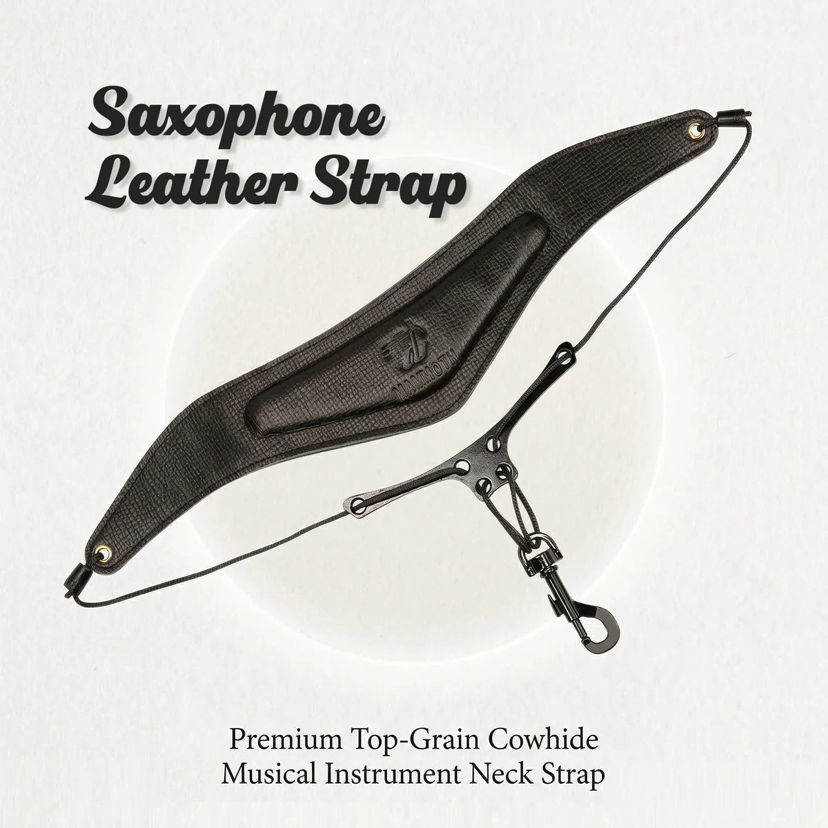 A black leather strap for a saxophone, featuring premium top-grain cowhide and a metal buckle.
