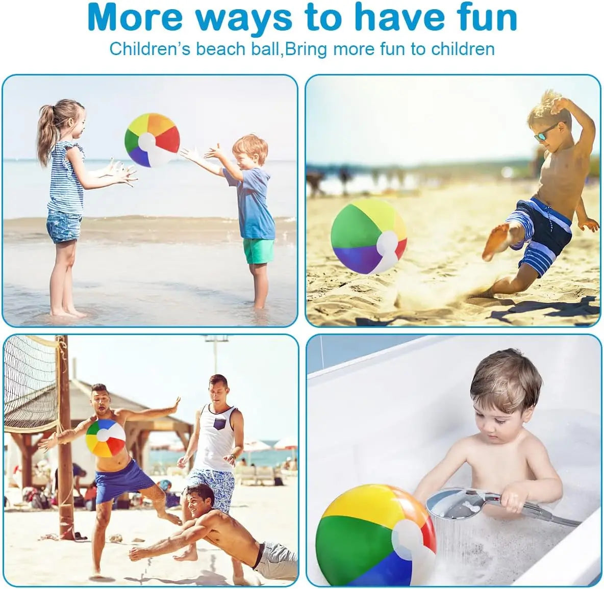 A young boy is playing with a rainbow striped inflatable beach ball in a bathtub.