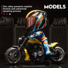 A detailed model of a motorcycle with an aggressive helmet and yellow accents.