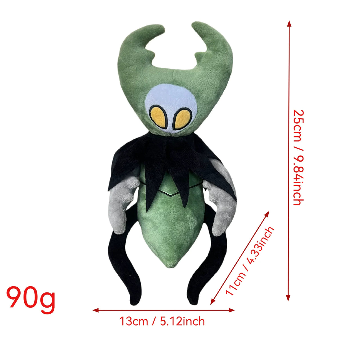 A plush doll resembling the Hollow Knight character, featuring green and black fabric with light blue accents.