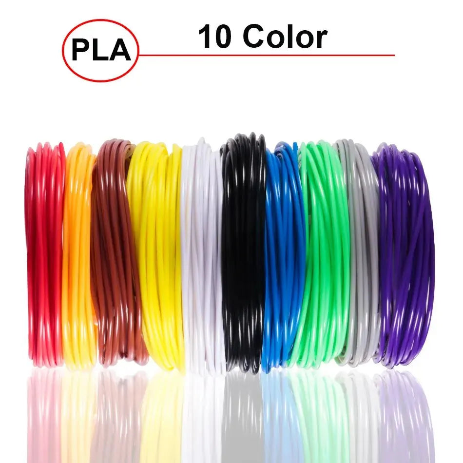 A collection of ten colored PLA filaments in various shades including red, yellow, black, and purple.