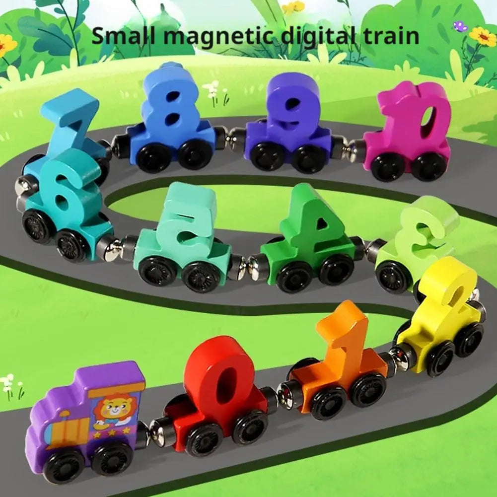 A colorful magnetic digital train set featuring various numbered cars in blue, purple, pink, green, and yellow.