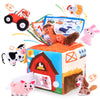 A soft plush farm animal set featuring various animals like a horse, pig, and rabbit in colorful packaging.