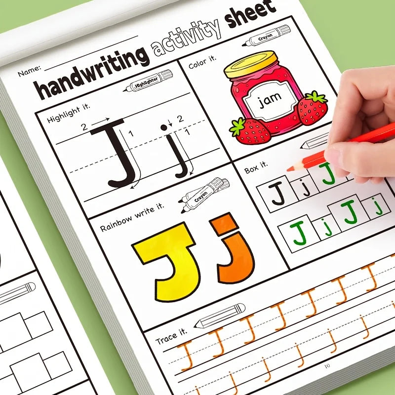A hand is writing on a page of handwriting activity sheet featuring tracing and writing practice for the letter J.