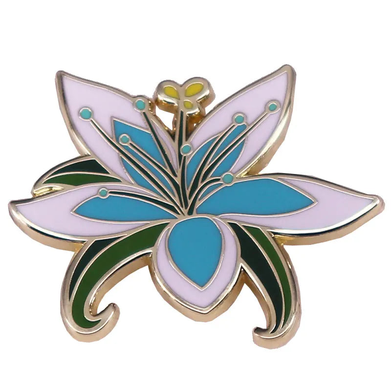 A set of enamel pins featuring stylized pink and teal flower designs.