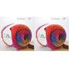 A ball of hand-dyed rainbow merino wool yarn in color 06, showing its vibrant colors and texture.